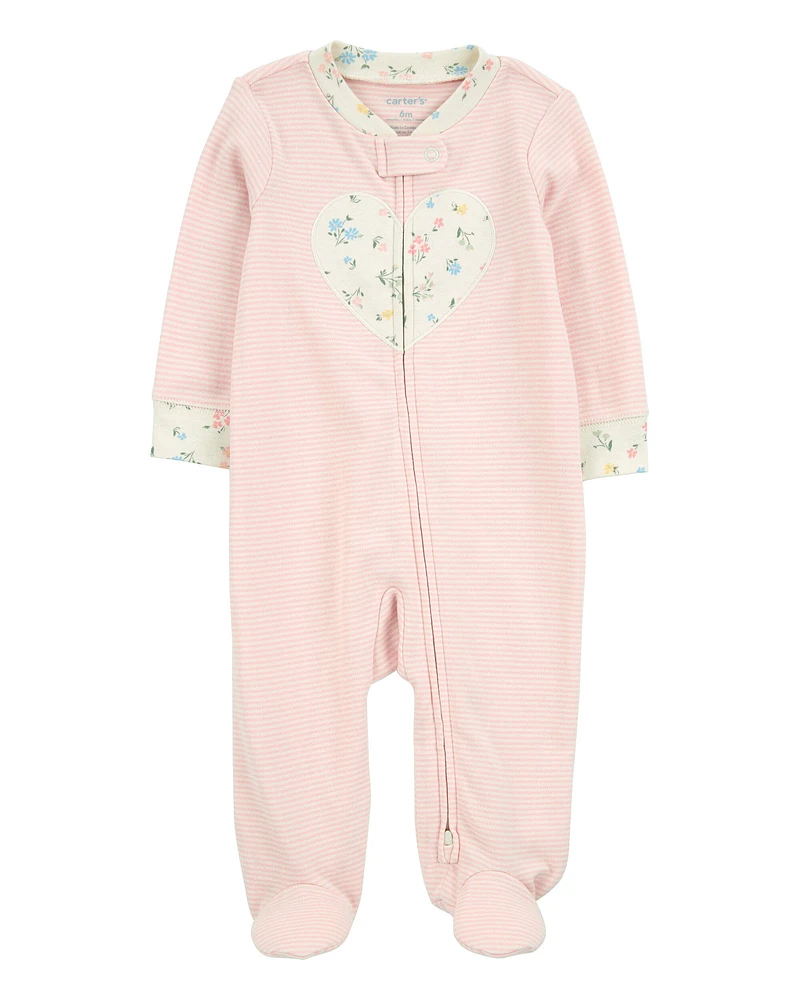 Baby Girl Heart Striped 2-Way Zip Cotton Sleeper Pyjamas - Pink