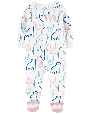 1-Piece Fleece  Animal Print White Footed Pyjama