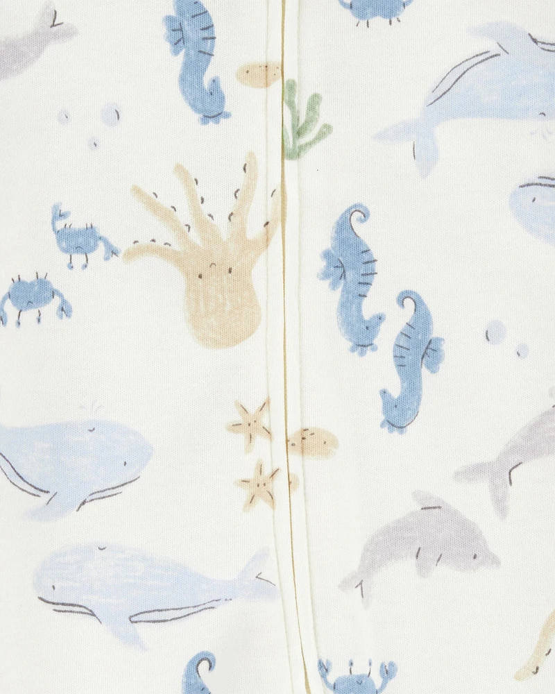 Baby Boy Aquatic Animals Print 2-Way Zip Cotton Sleeper Pyjamas - Ivory