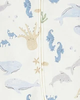 Baby Boy Aquatic Animals Print 2-Way Zip Cotton Sleeper Pyjamas - Ivory