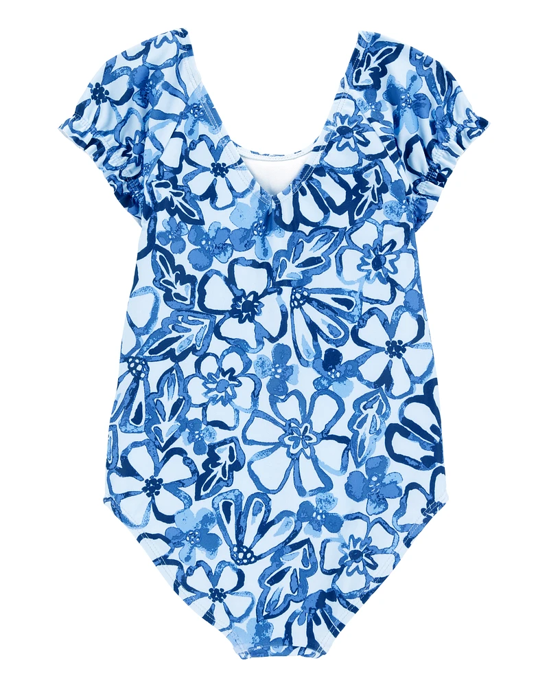 Toddler Girl 1-Piece Floral Swimsuit - Blue