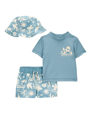 Baby 3-Piece "Beach Vibes" Rashguard Swim Trunk & Hat Set