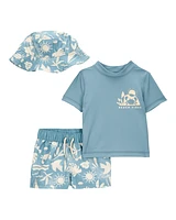Baby 3-Piece "Beach Vibes" Rashguard Swim Trunk & Hat Set
