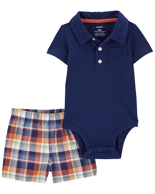 Baby 2-Piece Polo Bodysuit & Plaid Short Set