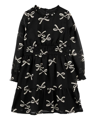 Kid Bow Print Chiffon Holiday Dress