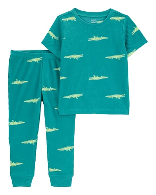 Toddler Alligator Print Loose Fit Waffle Knit 2-Piece Pyjamas - Green