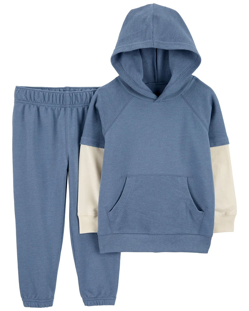 Toddler 2-Piece Layered-Look Hooded Tee & Pull-On Pant Set