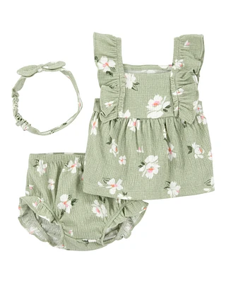 Baby 3-Piece Floral Gauze Outfit Set - Green