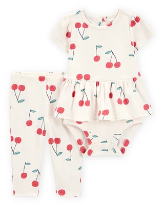 Baby 2-Piece Cherry Peplum Bodysuit Pant Set - Ivory/Red