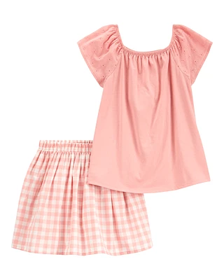 Kid 2-Piece Gingham Skort Outfit Set - Pink