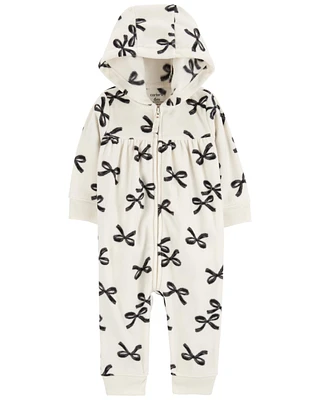 Baby Bows Hooded Zip-Up Fleece Jumpsuit