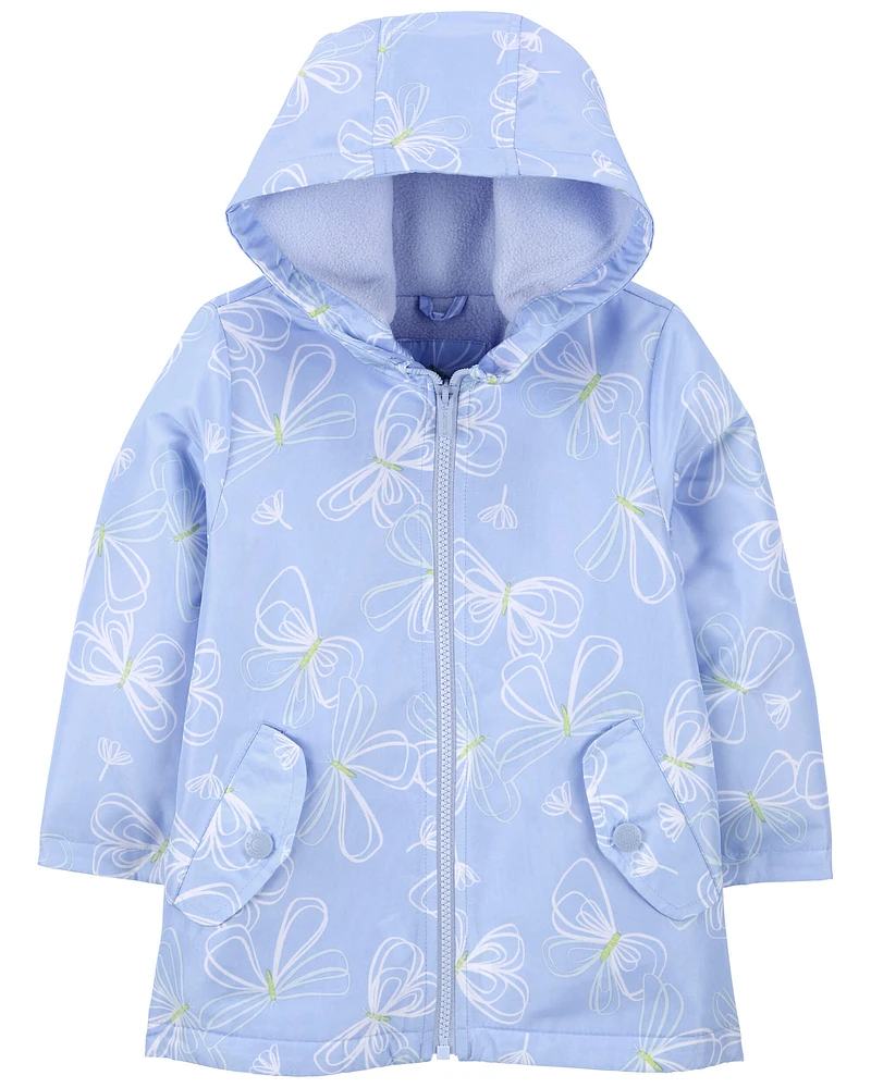 Fleece-Lined Butterfly Print Rain Jacket