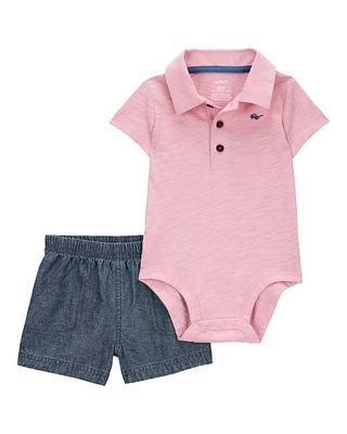 Baby 2-Piece Polo Bodysuit & Short Set - Pink