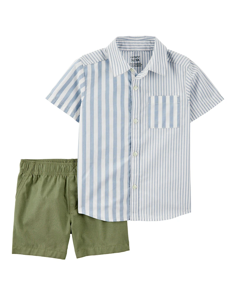 Toddler 2-Piece Striped Button-Front Shirt & Short Set - Blue/Green
