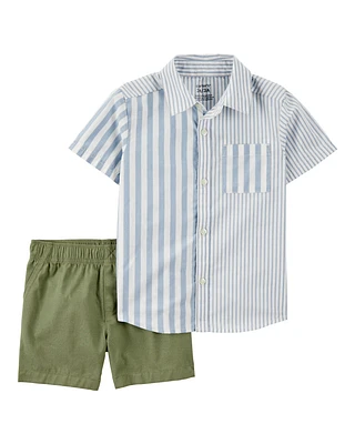 Toddler 2-Piece Striped Button-Front Shirt & Short Set - Blue/Green