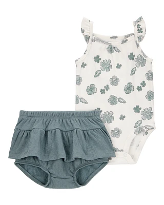 Baby 2-Piece Flutter-Sleeve Floral Bodysuit & Short Set - Ivory/Green