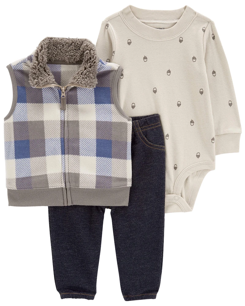 3-Piece Plaid Fleece-Lined Vest Set