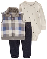 3-Piece Plaid Fleece-Lined Vest Set