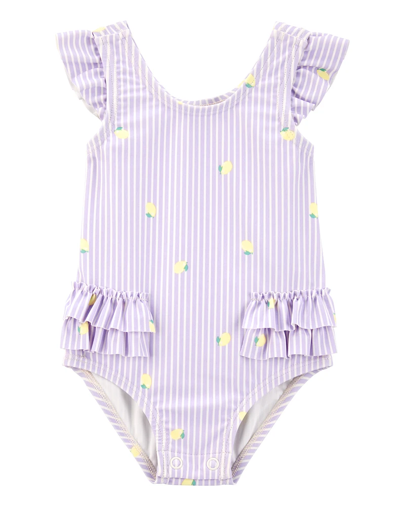 Baby 1-Piece Striped Lemon Ruffle Swimsuit - Purple