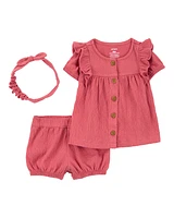 Baby Girl 3-Piece Gauze Button-Front Outfit Set- Red