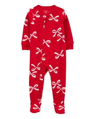 Toddler 1-Piece Christmas Bow Fleece Footie Pyjamas