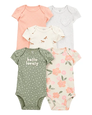 Baby 5-Pack Floral Horses Short-Sleeve Cotton Bodysuits