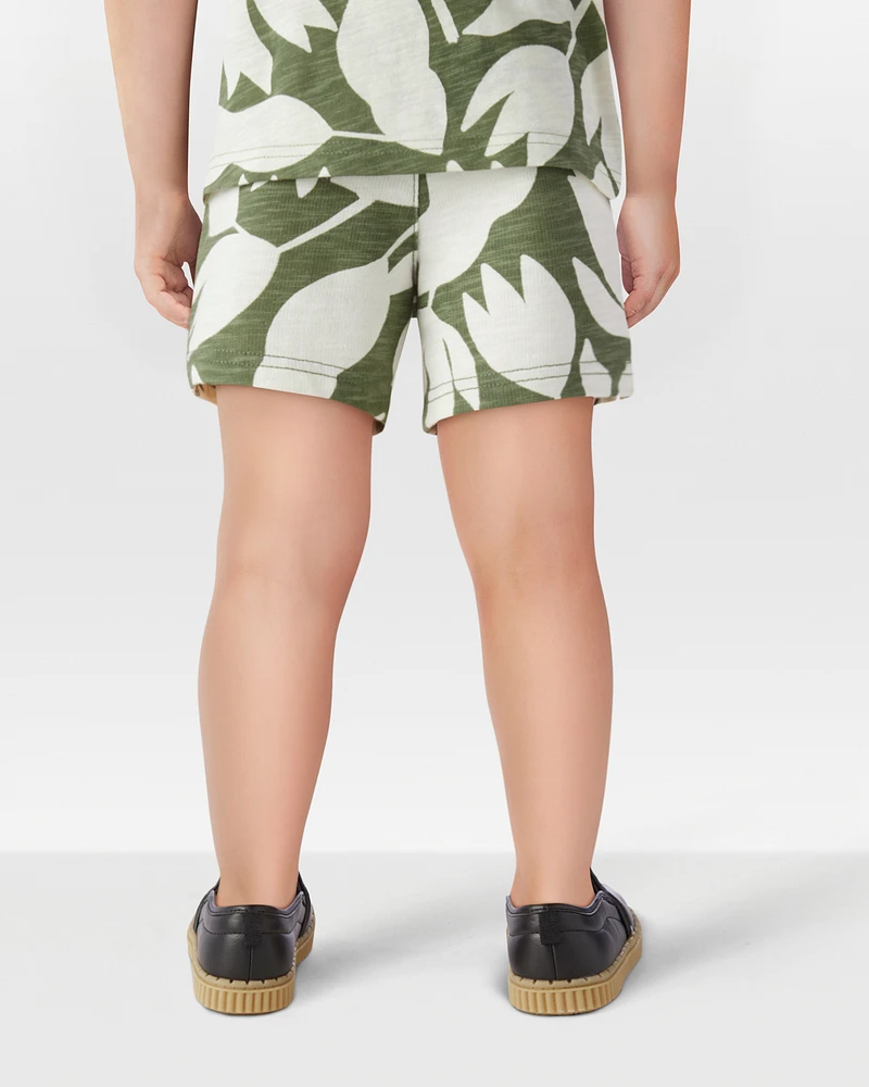 Toddler Tropical Print Pull-On French Terry Shorts - Green/White