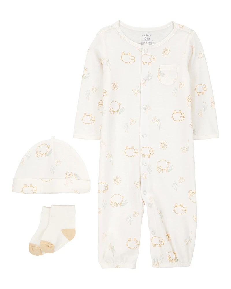 Baby 3-Piece Barnyard Converter Gown & Cap Set - Ivory