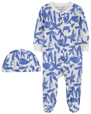 Baby Whale Cotton Sleeper & Cap Set