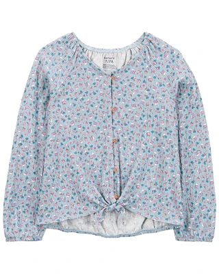 Kid Floral Gauze Long-Sleeve Button-Up Top - Blue