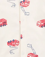 Baby Fire Truck Short-Sleeve Romper - Cream