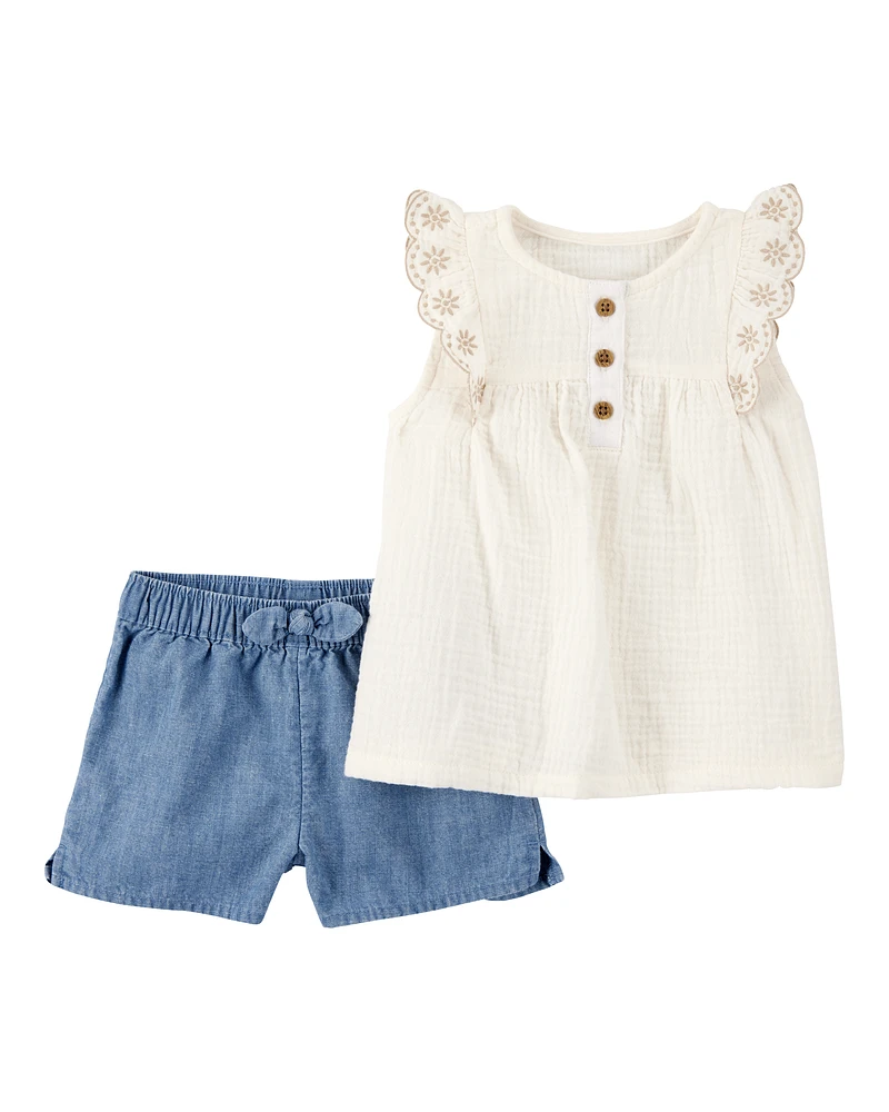 Baby 2-Piece Eyelet-Sleeve Tank & Pull-On Chambray Short Set - Ivory/Chambray