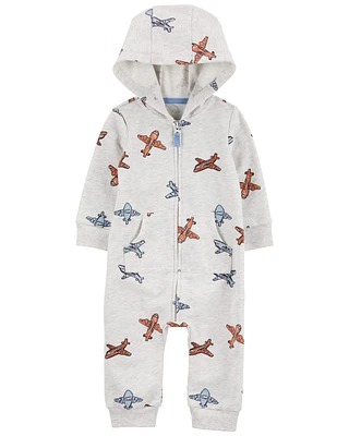 Baby Airplane Zip-Up Long-Sleeve Jumpsuit - Grey