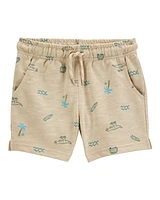 Baby Beach Print Pull-On French Terry Shorts - Khaki