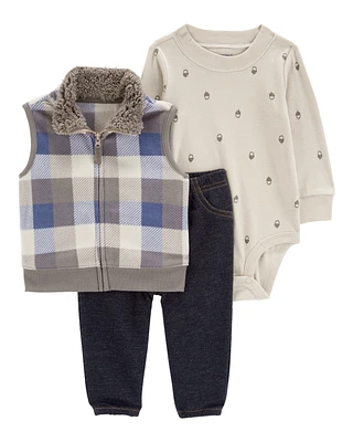 Baby 3-Piece Plaid Fleece-Lined Vest Set