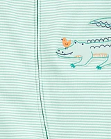 Baby Alligator Striped 2-Way Zip Cotton Sleeper Pyjamas - Green