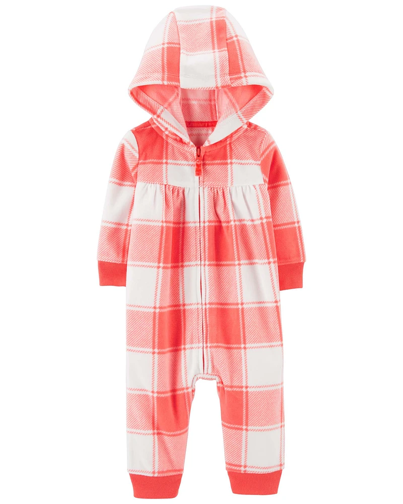 Plaid Hooded Zip-Up Fleece Jumpsuit