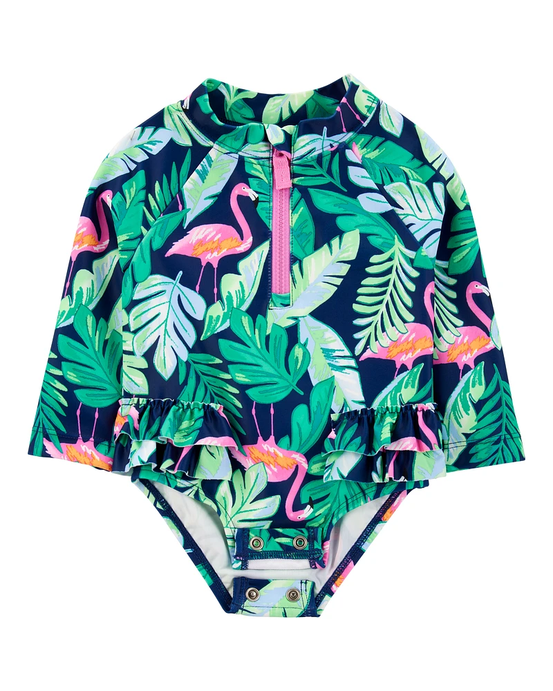 Baby Girl 1-Piece Tropical Flamingo Long-Sleeve Rashguard Swimsuit