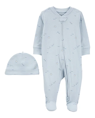 Baby Blue Airplane 2-Piece Sleeper and Cap Set