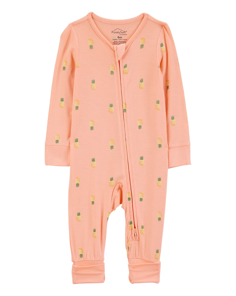 Baby Pineapple Print 2-Way Zip PurelySoft Convertible Foot Sleeper Pyjamas - Coral