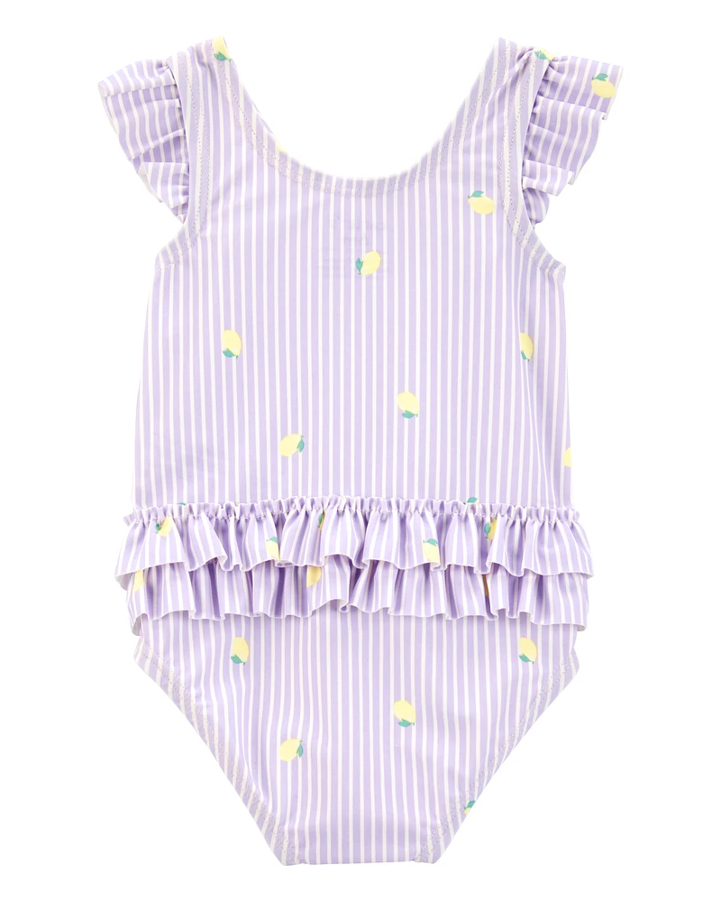 Baby Girl 1-Piece Striped Lemon Ruffle Swimsuit - Purple