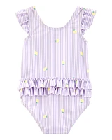 Baby Girl 1-Piece Striped Lemon Ruffle Swimsuit - Purple