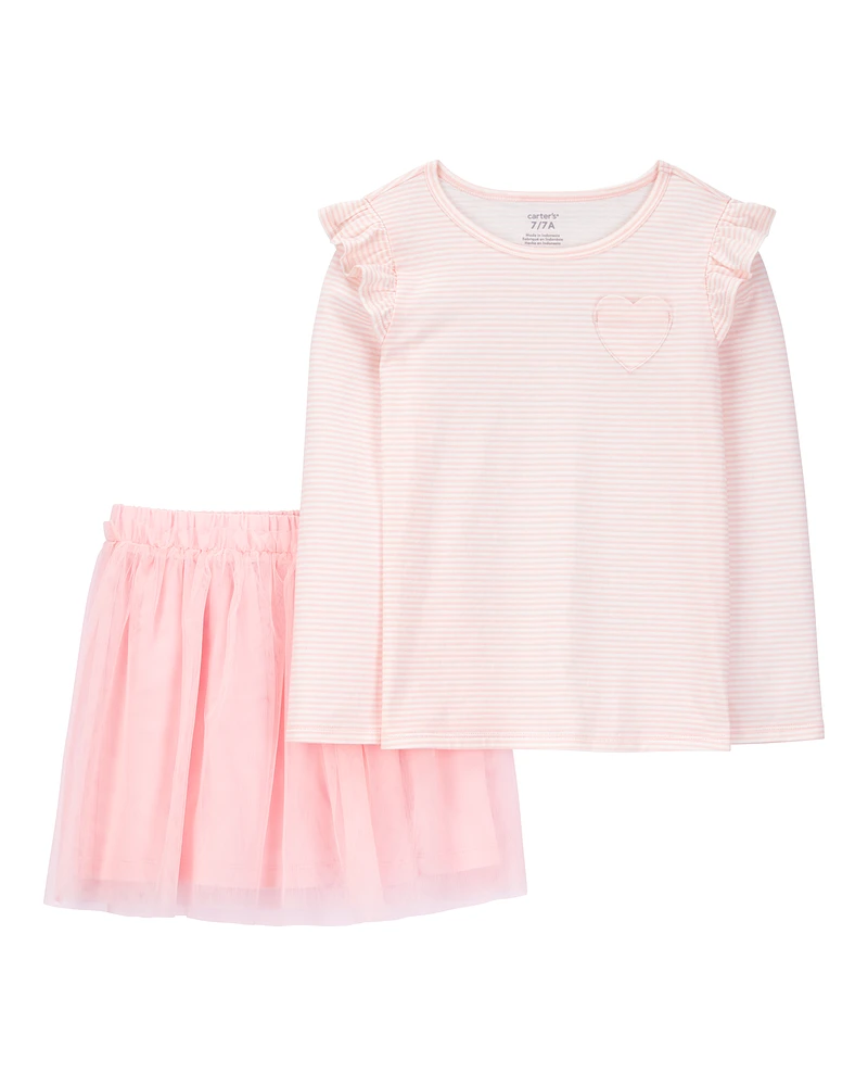 Kid 2-Piece Striped Tee & Tulle Tutu Skirt Set