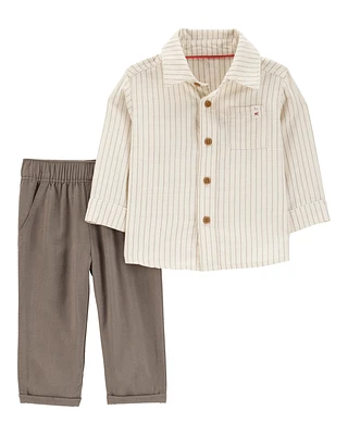 Baby 2-Piece Striped Linen Look-alike Shirt & Pull-On Pant Set - Ivory/Brown
