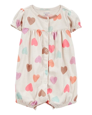 Baby Heart Print Ribbed Short-Sleeve Romper - Tan