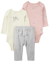 Baby Girl Dusty Rose 3-Piece Bodysuit Pant Set