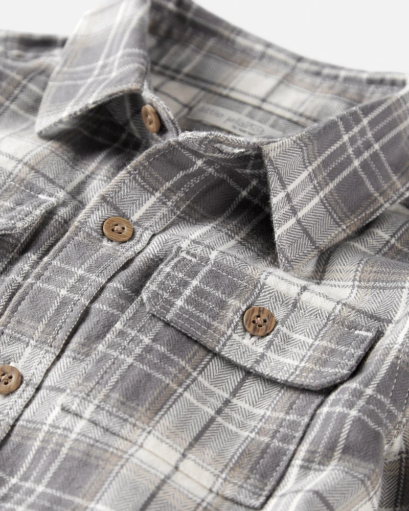 Toddler Organic Cotton Herringbone Button-Front Shirt Plaid