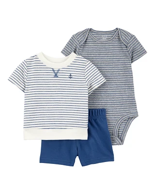 Baby 3-Piece Striped Anchor Outfit Set - Blue