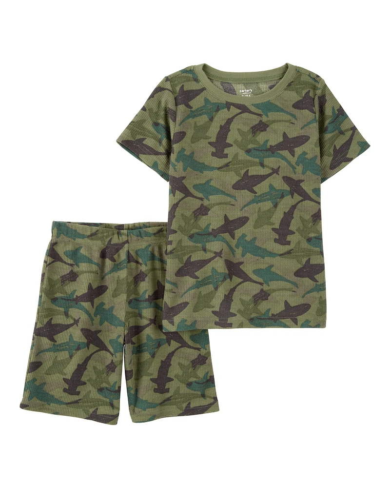Boys Shark Print Loose Fit Waffle Knit 2-Piece Pyjamas - Green