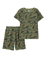 Boys Shark Print Loose Fit Waffle Knit 2-Piece Pyjamas - Green